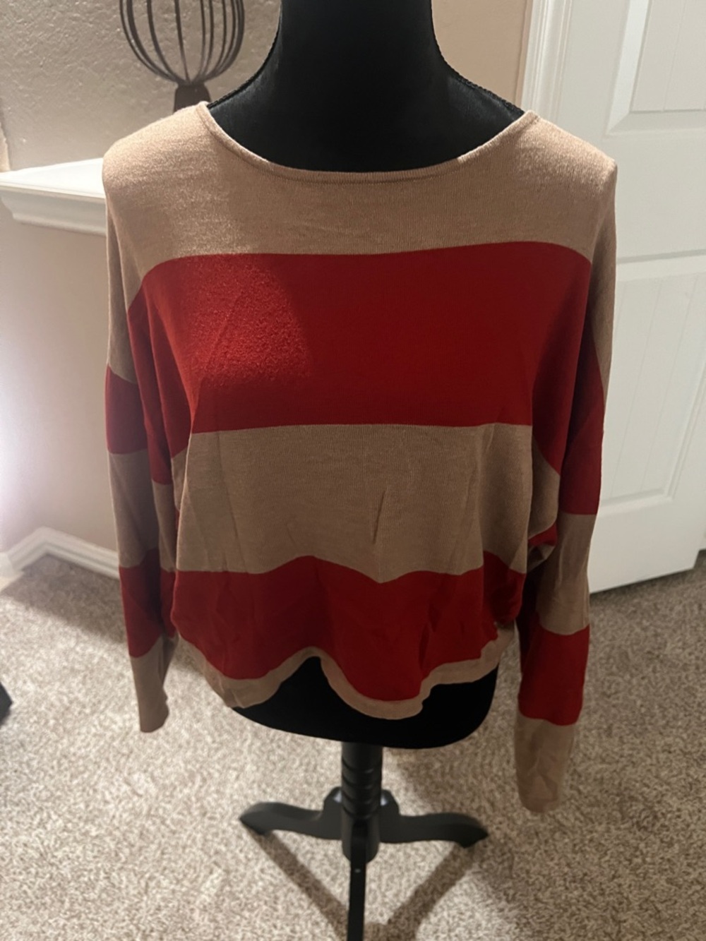 Design History Red and Tan Striped Scoop Neck Sweater